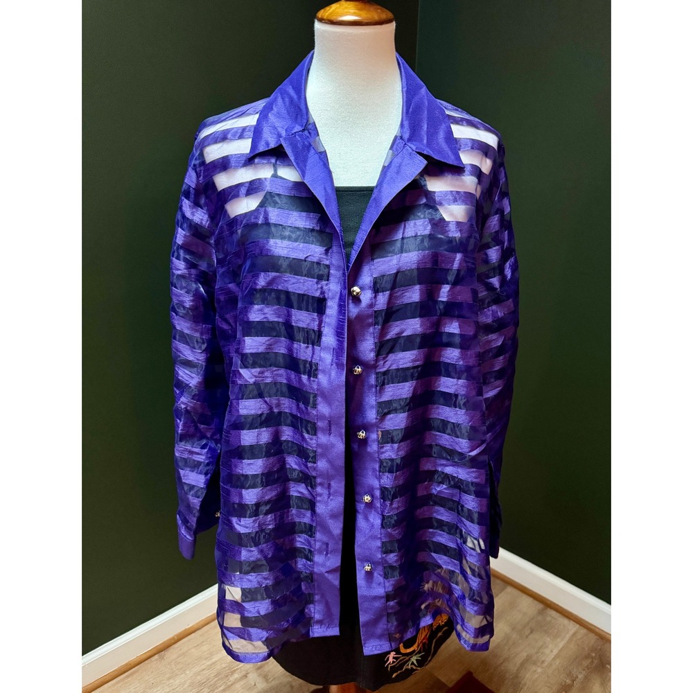 SAG HARBOR Purple Stripe Sheer Long Sleeve Button Front Tunic‎ Shirt 18W